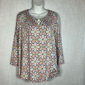 Ruby Rd. Blouse Size 2X Multicolor Geometric Print  3/4 Sleeves